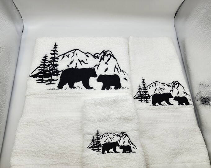 Featured listing image: Black Bear Scene - Embroidered Towels - Order Individually or Set - Choose Towel Color-Bath Sheet, Bath Towel, Hand Towel and Washcloth