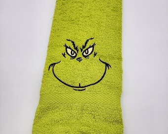 Mr Grinch on Lime Green Hand Towel - Free Shipping - Ready to Ship - In Stock