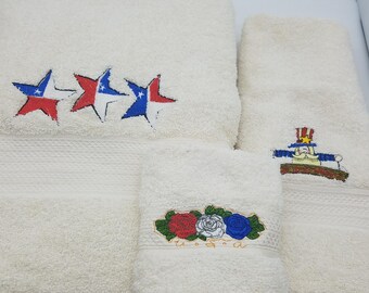Patriotic Stars - Embroidered Towels - Pick Size of Set & Color of Towels - Bath Sheet, Bath Towel, Hand Towel and Washcloth