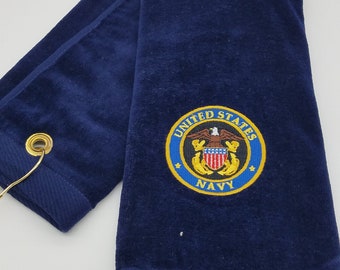 In Stock - Ready To Ship - Military - Navy on Navy Blue - Embroidered Golf Towel - Free Shipping