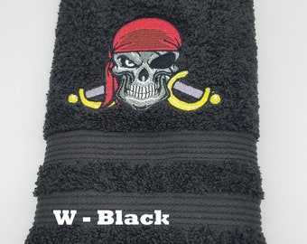 Pirate- Embroidered Hand Towels - Pick Color of Towel - Order One or More