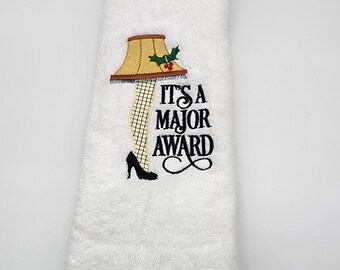 Leg Lamp on White Embroidered Hand Towel - Free Shipping - Ready to Ship - In Stock