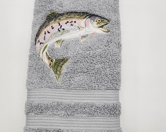Trout - Embroidered Hand Towel - Face Towel - Bathroom Decoration - Order One or More - Choice of Towel Color