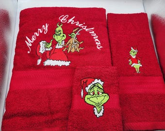 Merry Christmas Grinch on Red - Bath Sheet, Hand Towel and Washcloth - Ready To Ship