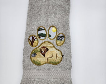 Lion on Silver Gray Embroidered Hand Towel - Face Towel -  Free Shipping - In Stock - Ready To Ship