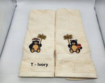 His and Hers Black Bears - Embroidered Hand Towels - Face Towel - Order Set or Individually - Choice of Towel Color