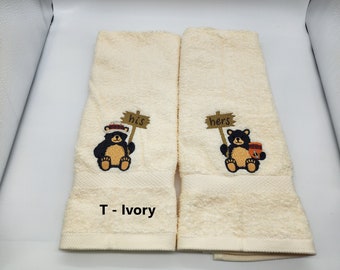 His and Hers Black Bears - Embroidered Hand Towels - Face Towel - Order Set or Individually - Choice of Towel Color - Free Shipping