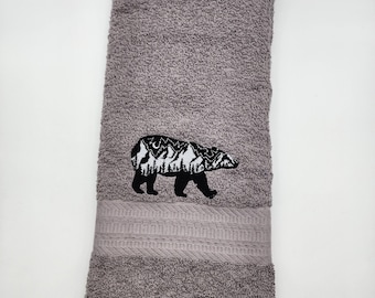 Black Bear with Scene on Gray Embroidered Hand Towel