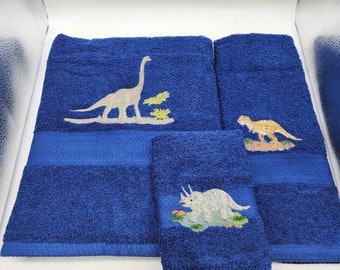 Dinosaurs on Navy - 3 Piece Embroidered Towel Set - Bath Towel, Hand Towel and Washcloth - Ready To Ship
