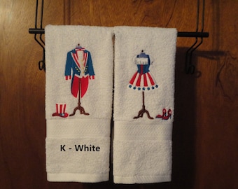 Patriotic Dress Forms - Embroidered His/Her Hand Towels - Get Pair or Individual Towels - Free Shipping