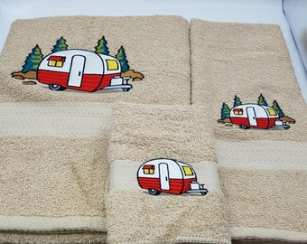 Retro Red Trailer - Embroidered Towels - Bath Sheet, Bath Towel, Hand Towel and Washcloth - Pick Towel Color - Order Set or Individually