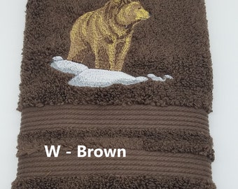 Grizzly Bear - Embroidered Hand Towel - Face Towel - Choice of Towel Color - Order One or More - Free Shipping