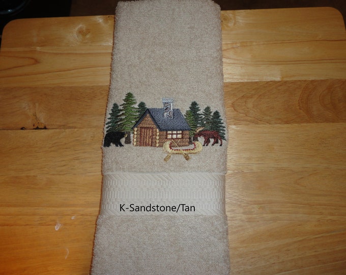 Featured listing image: Cabin Scene - Embroidered Hand Towels - Order One or More - Free Shipping