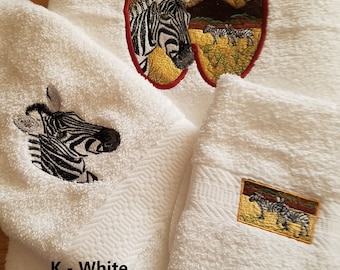 Zebra - Embroidered Bath Towel Set - Bath Towel, Hand Towel and Washcloth - Order Set or Individually