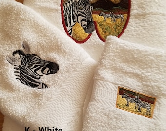 Zebra - Embroidered Bath Towel Set - Bath Towel, Hand Towel and Washcloth - FREE SHIPPING - Order Set or Individually