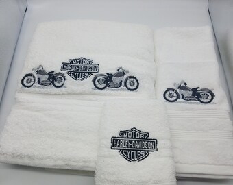 Black Harley on White - 3 Piece Embroidered Towel Set - Bath Towel, Hand Towel and Washcloth - Ready To Ship