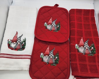 4 Piece Embroidered Kitchen Towel Set - Red Truck Christmas Gnomes - Order as sets or individually - Free Shipping
