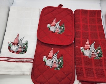 4 Piece Embroidered Kitchen Towel Set - Red Truck Christmas Gnomes - Order as sets or individually