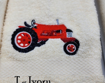 Vintage Red Tractor Embroidered Hand Towel - Face Towel - Order One or More - Bathroom Decoration -  Free Shipping