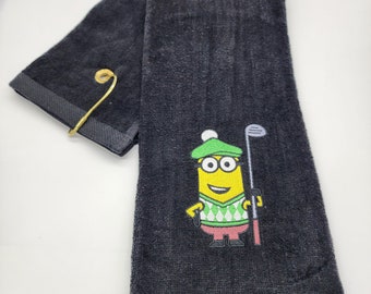 In Stock - Ready To Ship - Golfing Minion - Embroidered Golf Towel - Tri-Fold - Grommet - Hook - Free Shipping