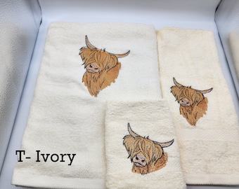 Highland Cow Embroidered Towels -Choose Your Size of Set and Color of Towel - Bath Sheet, Bath Towel, Hand Towel & Washcloth - Free Shipping