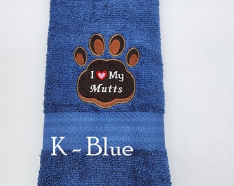 I Heart My Mutts - Embroidered Hand Towel - Pick Color of Towel - Order One or More