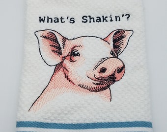In Stock - Ready To Ship - What's Shakin Pig on Teal Stripe Embroidered Kitchen Towel - Free Shipping