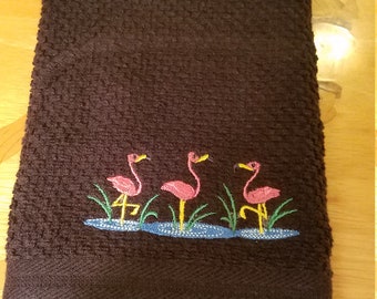 Pink Flamingo - Embroidered Cotton Kitchen Towel - Free Shipping