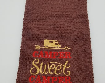 Ready to Ship - In Stock - Camper Sweet Camper - Brown - Embroidered Cotton Kitchen Towel - Free Shipping