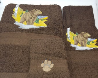 Ready To Ship - Grizzly Bear on Brown - 3 Piece Embroidered Towel Set - Bath Towel, Hand Towel and Washcloth
