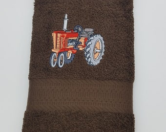 Red Tractor on Brown - Embroidered Hand Towel  - In Stock - Ready To Ship