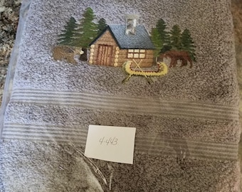 Cabin In the Woods on Gray Embroidered Bath Towel - Ready To Ship