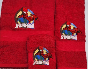 Spiderman on Red  - 3 Piece Embroidered Towel Set - Bath Towel, Hand Towel and Washcloth - Ready To Ship