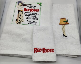 Ready To Ship - Christmas Story on White - 3 Piece Embroidered Towel Set - Bath Sheet, Hand Towel and Washcloth - Free Shipping