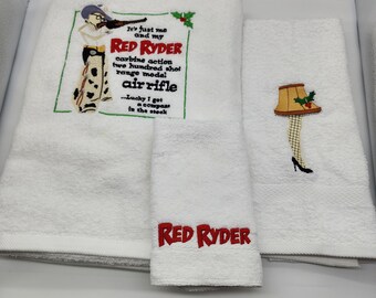 Christmas Story on White - 3 Piece Embroidered Towel Set - Bath Sheet, Hand Towel and Washcloth - Ready To Ship