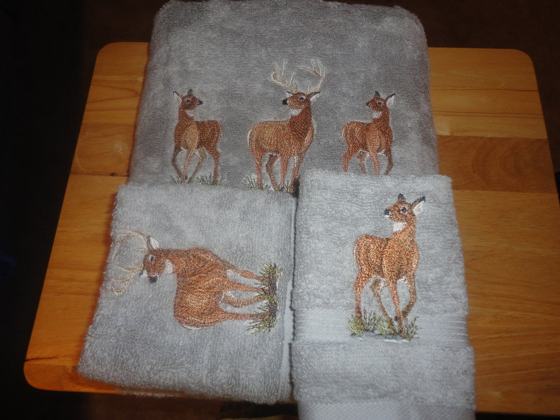 White Tail Deer Embroidered Bath Towel Set Bath Towel Etsy