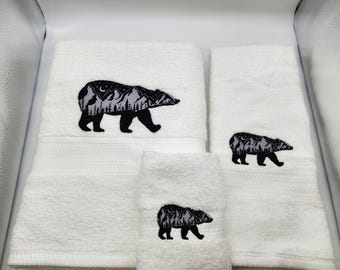 Black Bear Design Embroidered Bath Towel Set - Bath Towel, Hand Towel & Washcloth