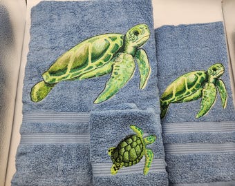 Sea Turtle on Linen Blue 3 Piece Embroidered Towel Set - Bath Sheet, Hand Towel and Washcloth - Ready To Ship