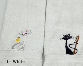 Cats - Embroidered His/Her Hand Towels - With or Without Letter - Pick Color of Towel- Order Pair or Individual - Bathroom Decoration