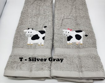 Cows - Pair or Individual - Embroidered Hand Towels - Face Towel - Choice of Towel Color - Order One or More -  Free Shipping