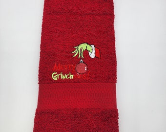 Merry Grinchmas on Red Hand Towel - Free Shipping - Ready to Ship - In Stock