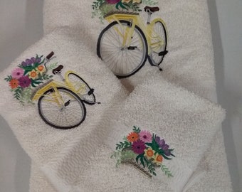 Ready To Ship - Summer Yellow Bike on Ivory  - 3 Piece Embroidered Towel Set - Bath Towel, Hand Towel and Washcloth
