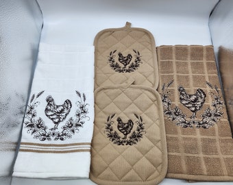 4 Piece Embroidered Kitchen Towel Set - Rooster on Tan - Ready To Ship