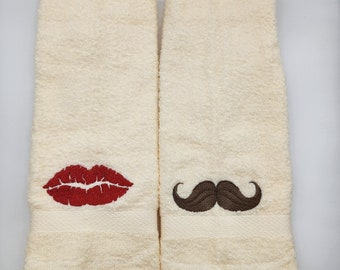 In Stock - Ready To Ship - Lips and Moustache on Ivory - Pair of Embroidered Hand Towel - Face Towel - Free Shipping