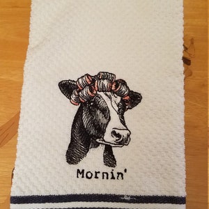 Cow - Morning - Embroidered Cotton Kitchen Towel - Get One or More