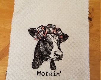 Cow - Morning - Embroidered Cotton Kitchen Towel - Get One or More - Free Shipping