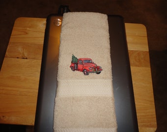 Christmas Red Truck on Tan Embroidered Hand Towel - Face Towel -  In Stock - Ready To Ship