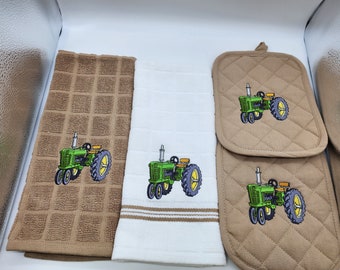 Ready To Ship - 4 Piece Embroidered Kitchen Towel Set - Green Tractor on Tan- Free Shipping