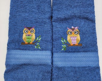 His and Her Owl on Blue Embroidered Hand Towel - Ready to Ship