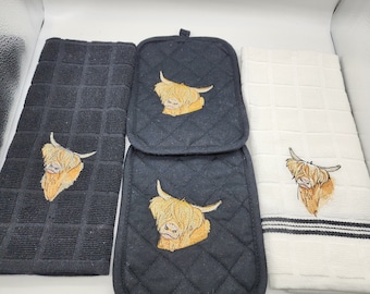 Highland Cow on Black Embroidered Kitchen Set - 2 Kitchen Towels & 2 Potholders - Ready to Ship